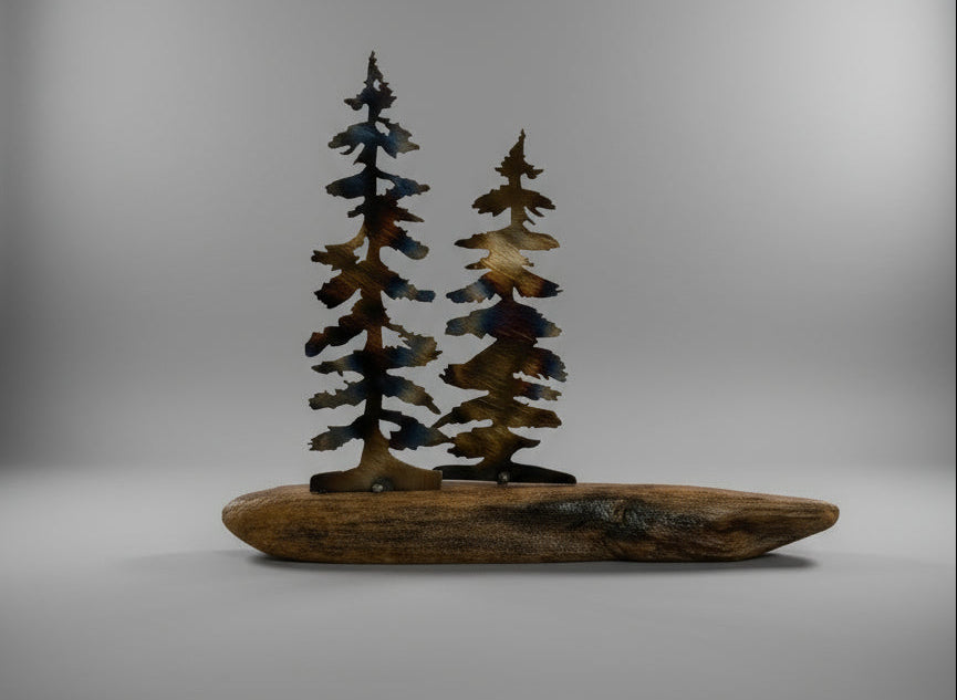 metal trees on wood base from lake ontario