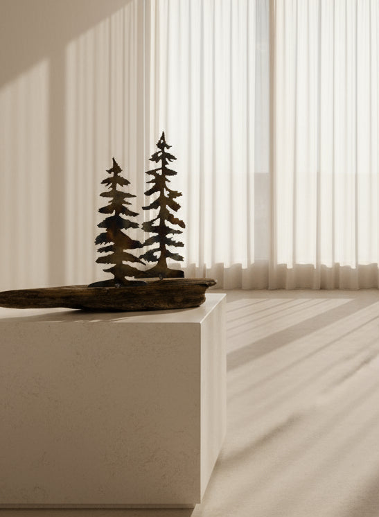 Metal trees on a wood base