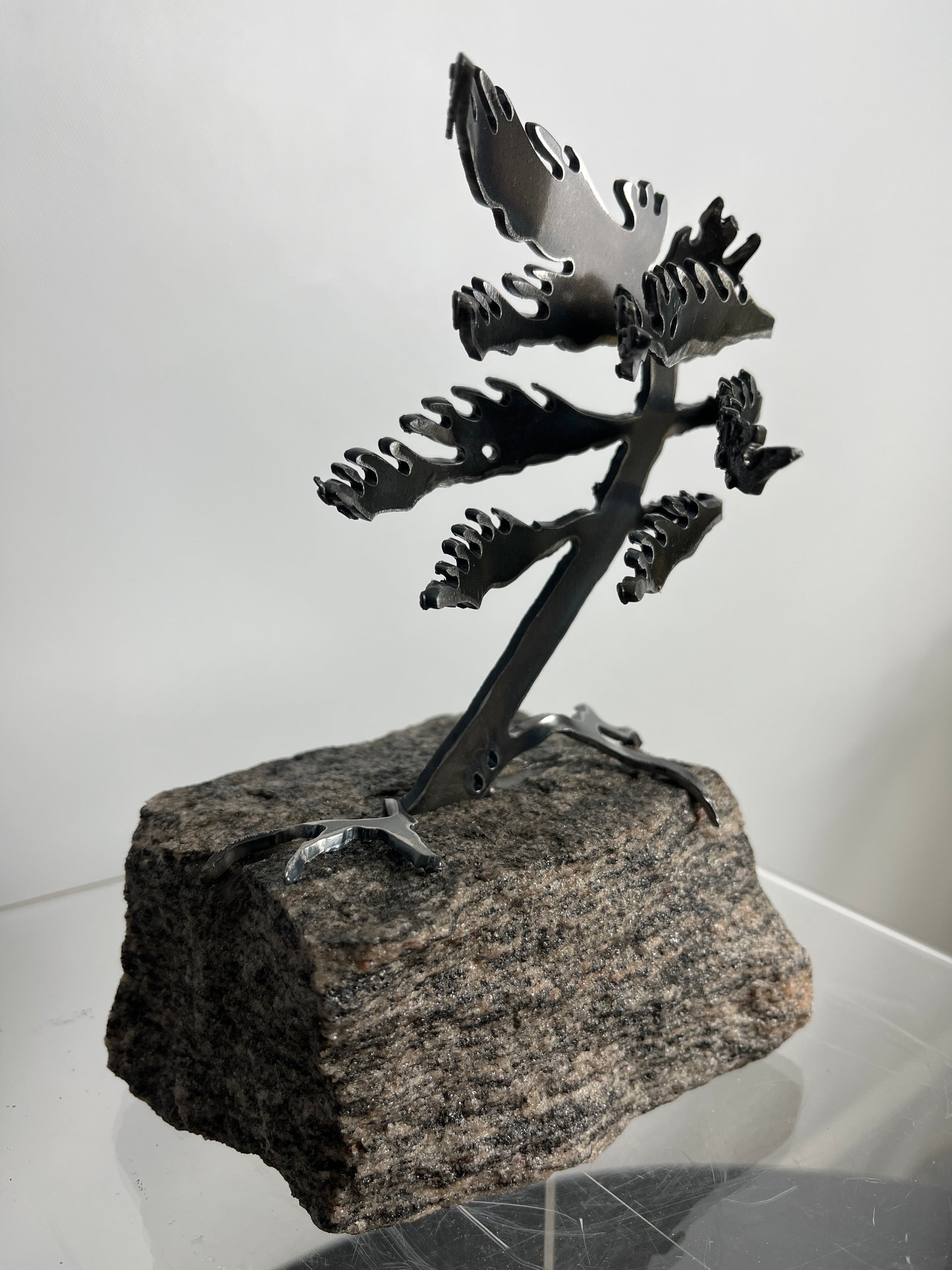Metal windswept tree on granite