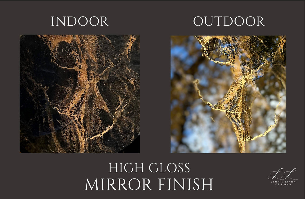 Lynn & Liana Designs graphic comparing gold resin details in indoor and outdoor lighting, labelled high gloss mirror finish.