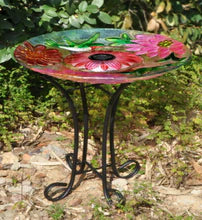 SOLAR FLORAL GLASS HUMMINGBIRD BIRD BATH W/STAND
