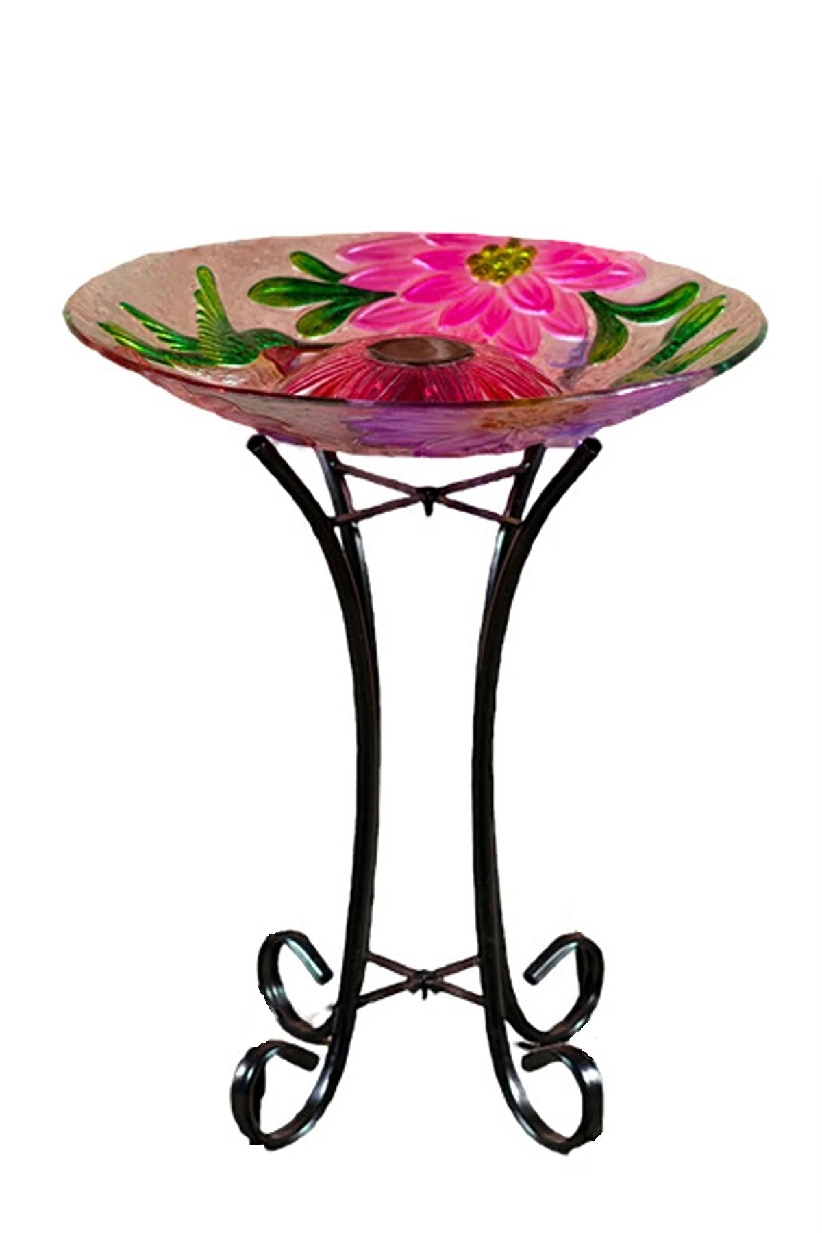 SOLAR FLORAL GLASS HUMMINGBIRD BIRD BATH W/STAND