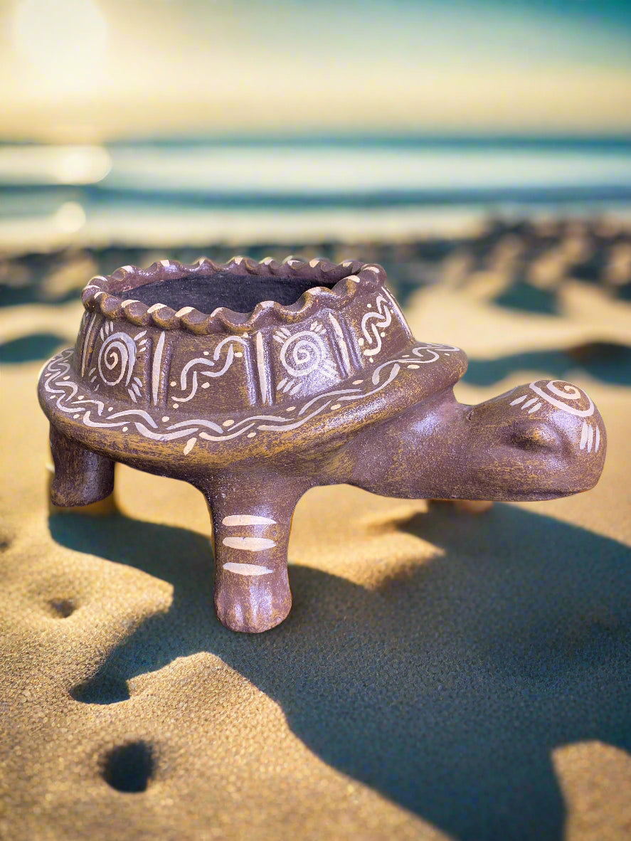 Large Turtle Clay Planter - Brown - Hand Painted