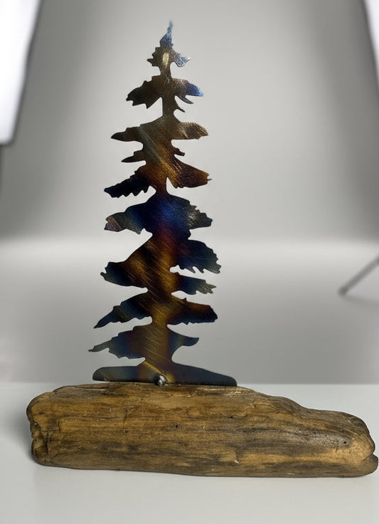 Metal tree on driftwood base