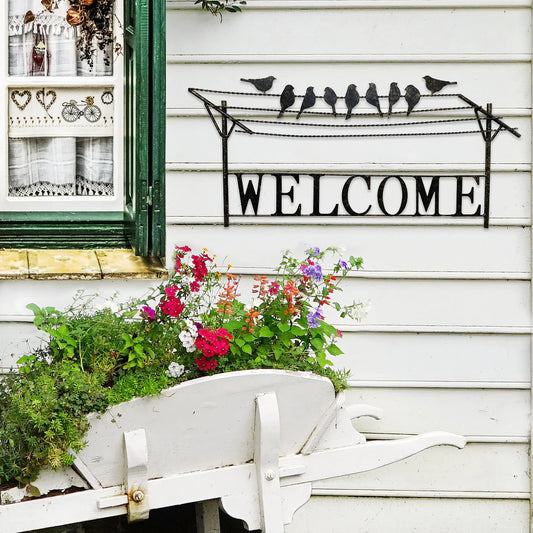 Metal Welcome Sign w/ Birds on the Cloths Line