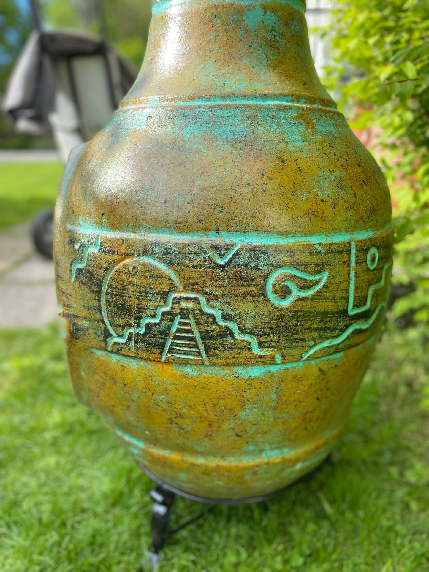Chiminea Made in Mexico side view with mayan design