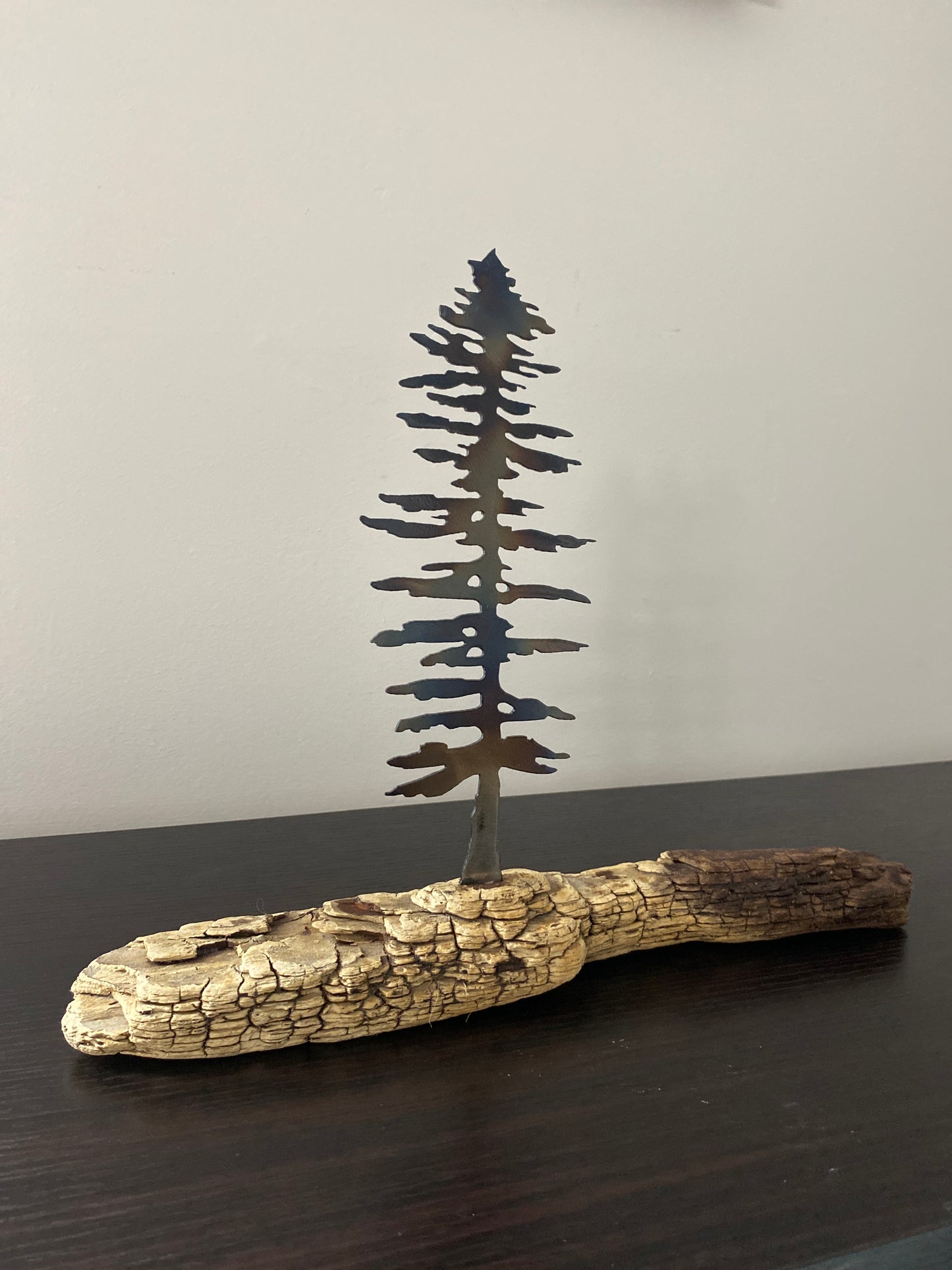 Raw Metal Pine Tree on Driftwood – Canadian Made