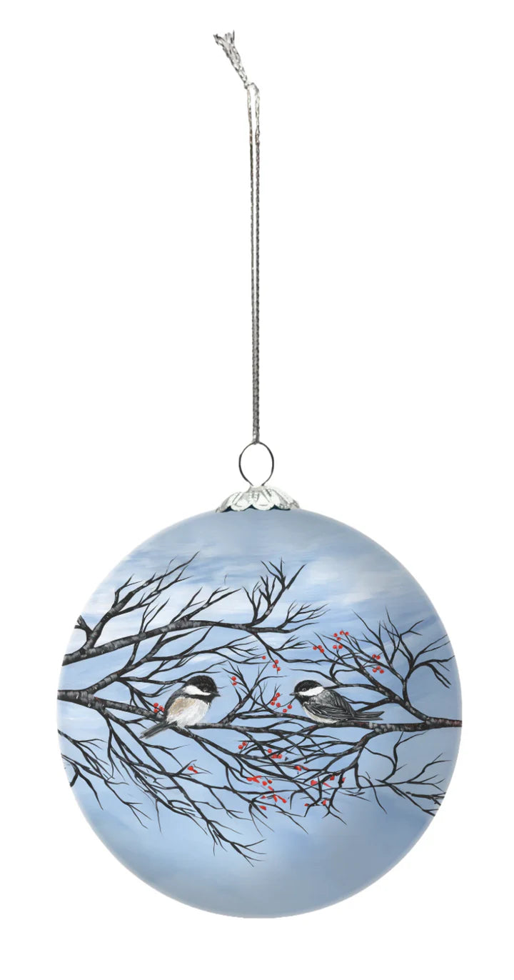 Chickadees glass ornament