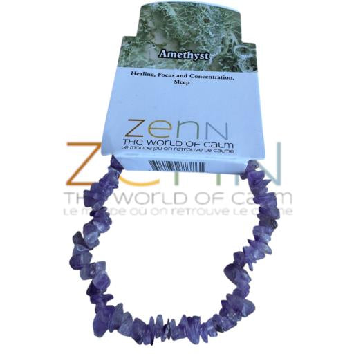 Amethyst chip bracelet on a 'Zen' branded card with text about benefits.