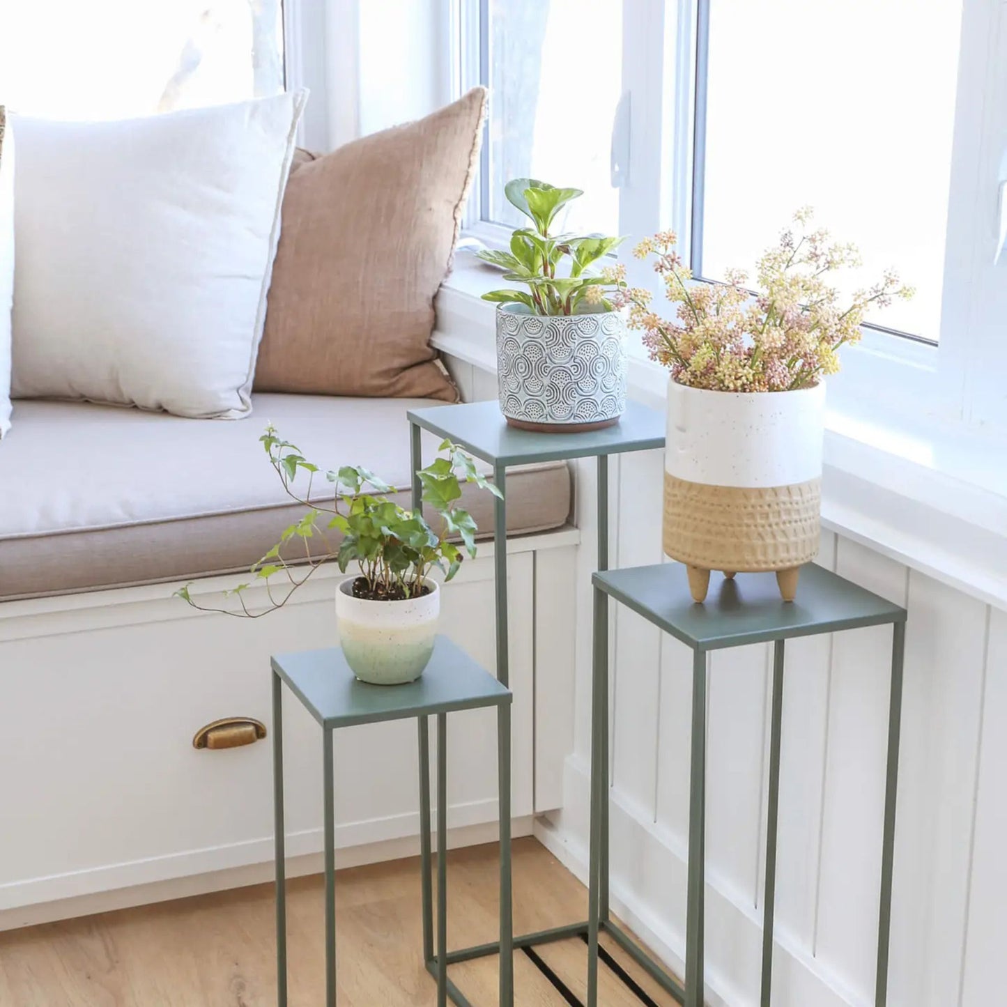 Green metal plant stands