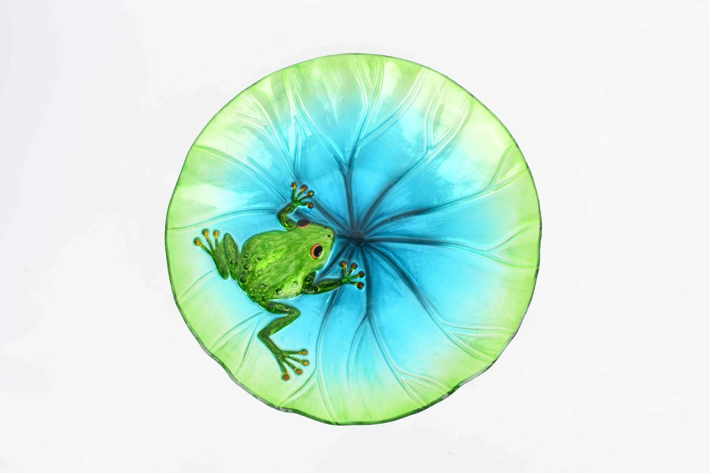 Glass bird bath with metal stand frog design