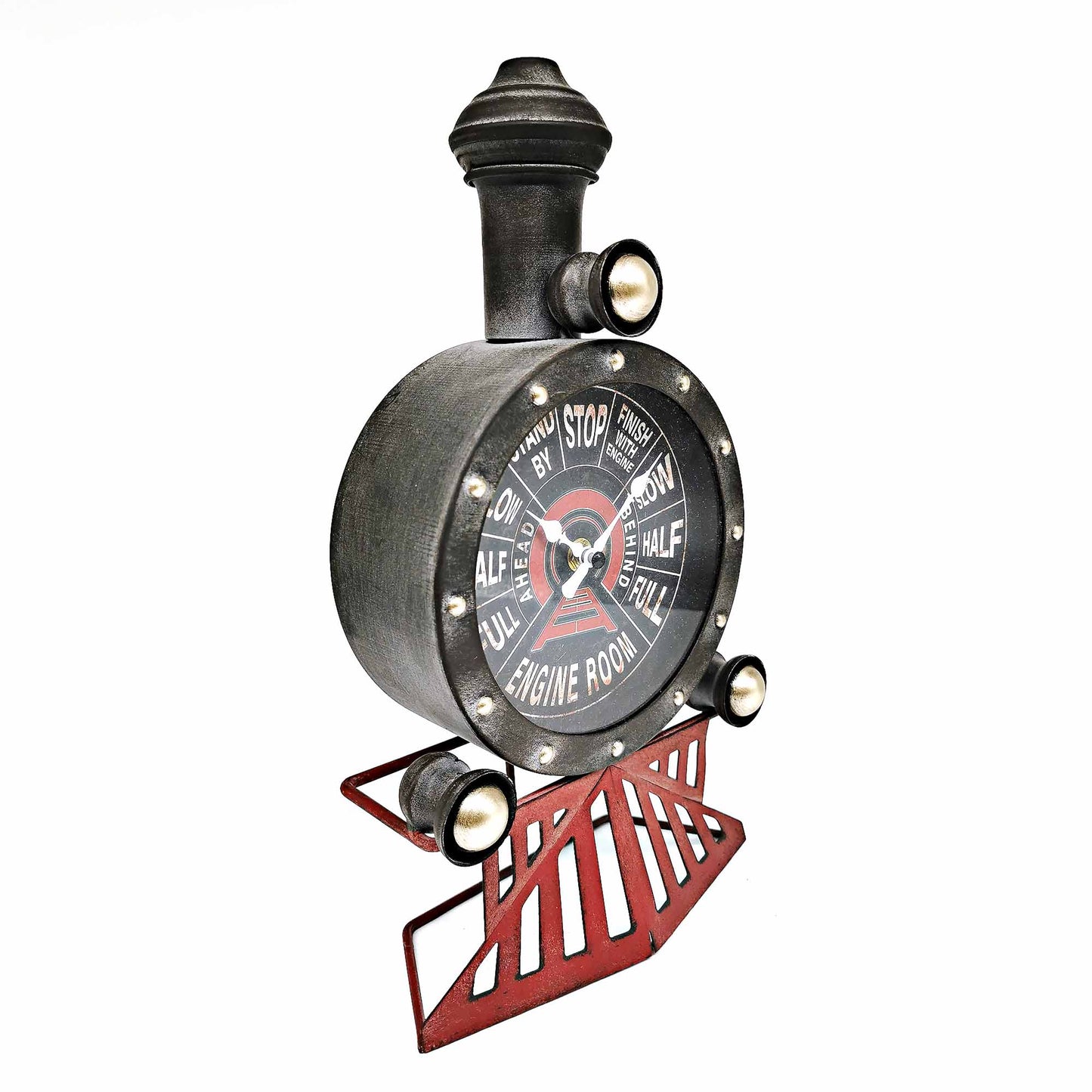 Decorative clock designed like a vintage engine gauge on a white background
