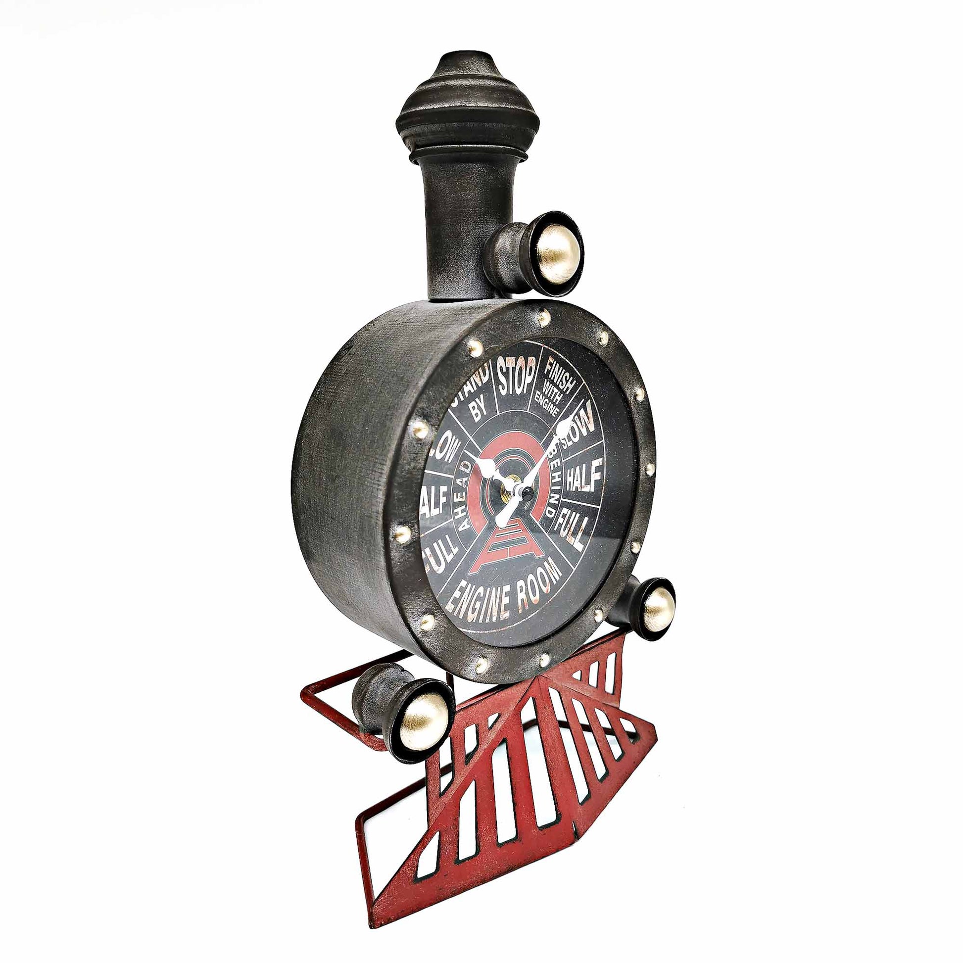 Decorative clock designed like a vintage engine gauge on a white background