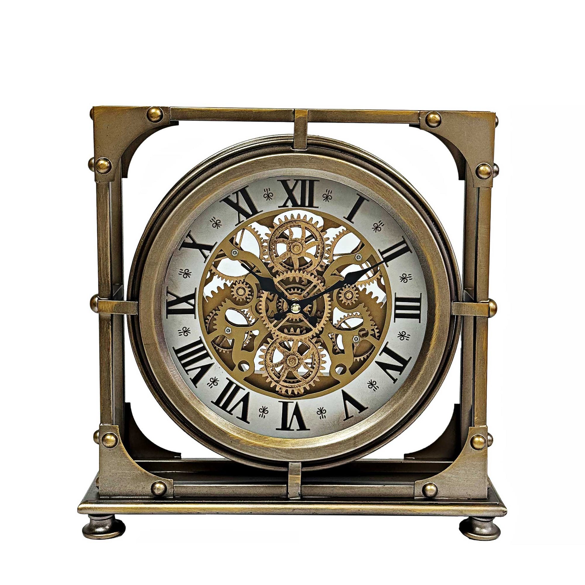 table clock with moving gears
