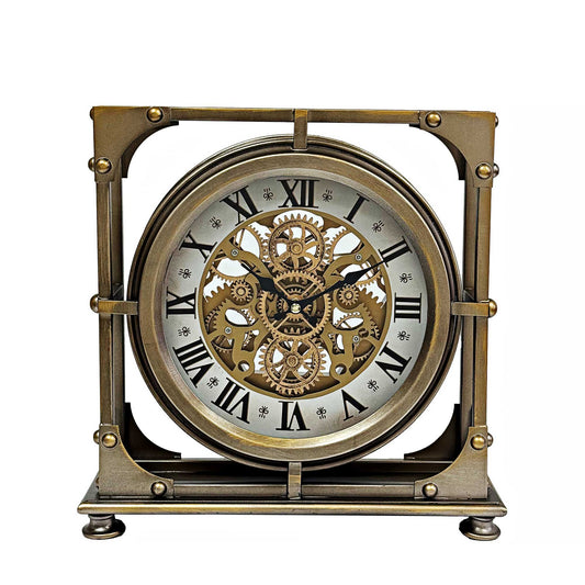 table clock with moving gears