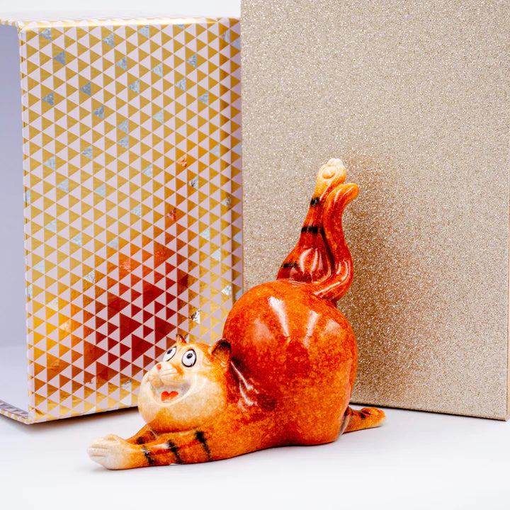 Tabby Cat Stretching Figurine