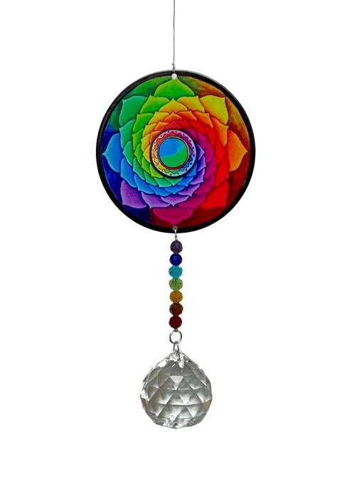 Stainless Steel Crystal Suncatcher – Flower of Life with Seven Chakra Crystals