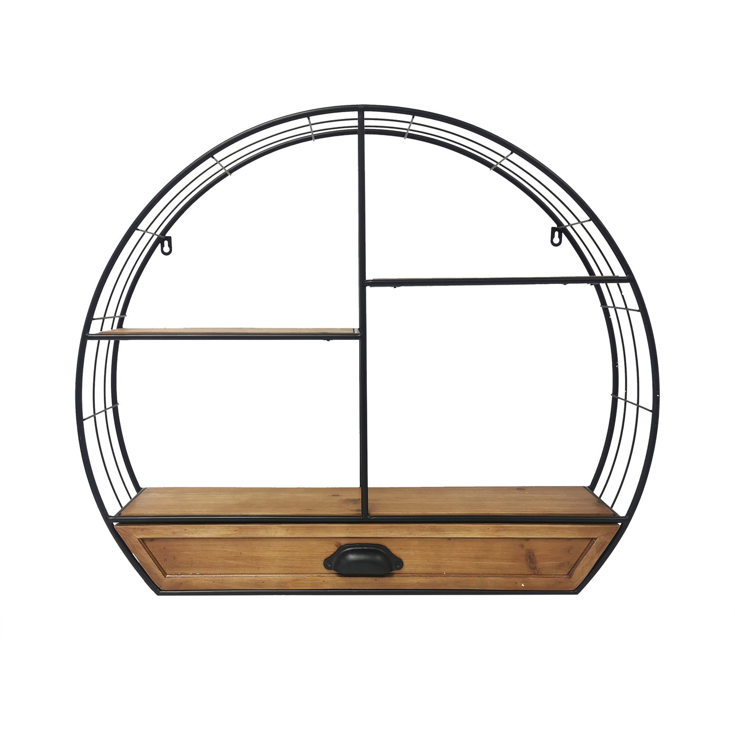Round wall shelf with wooden bottom and metal frame on a white background