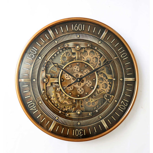 Bronze mechanical wall clock with detailed gears on a white background