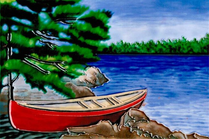 ceramic art tile of canoe and lake