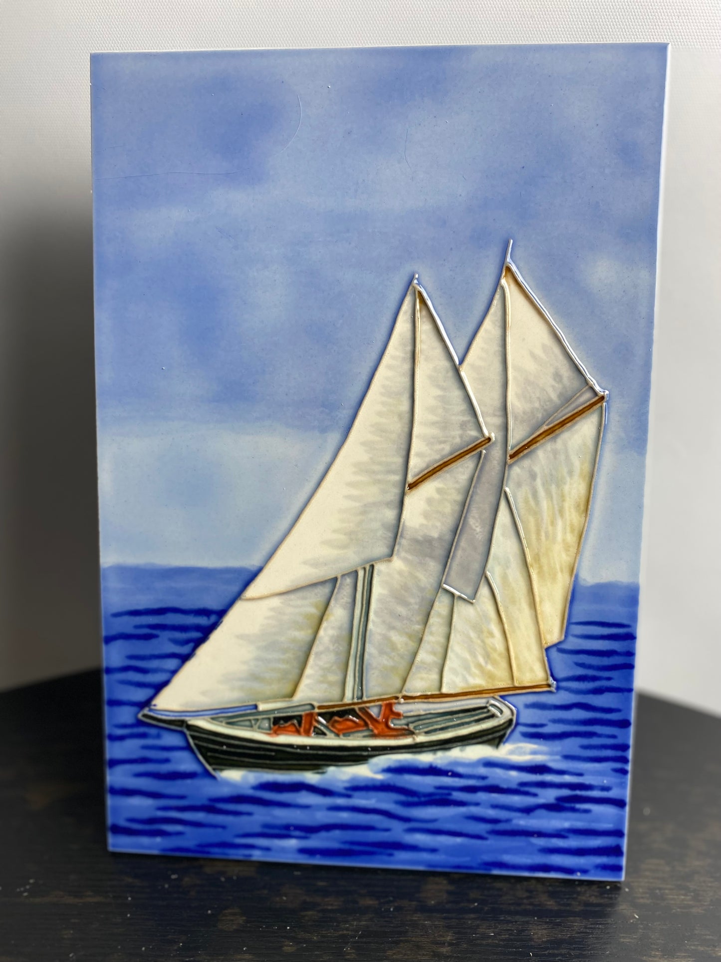 Ceramic art tile of schooner