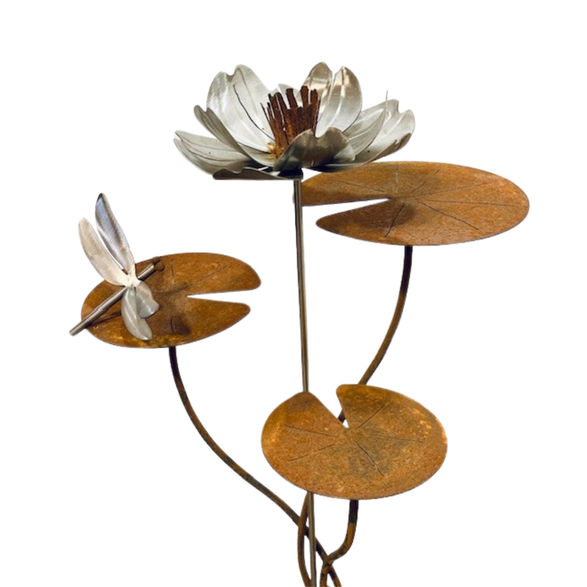meta lotus flower and lilypad garden sculpture