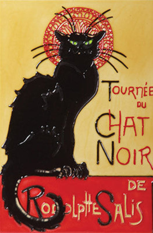 Hand Painted ceramic art tile Chat Noir