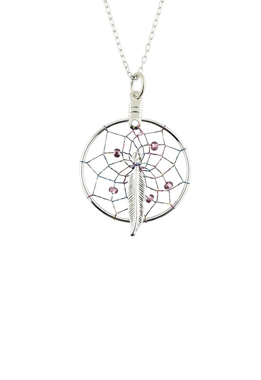 Dream Catcher with Metal Feather and Purple Glass Beads Pendant