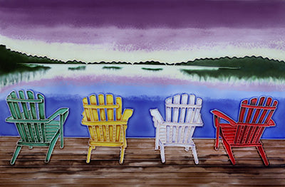 Ceramic art tile of a dock with Muskoka chairs
