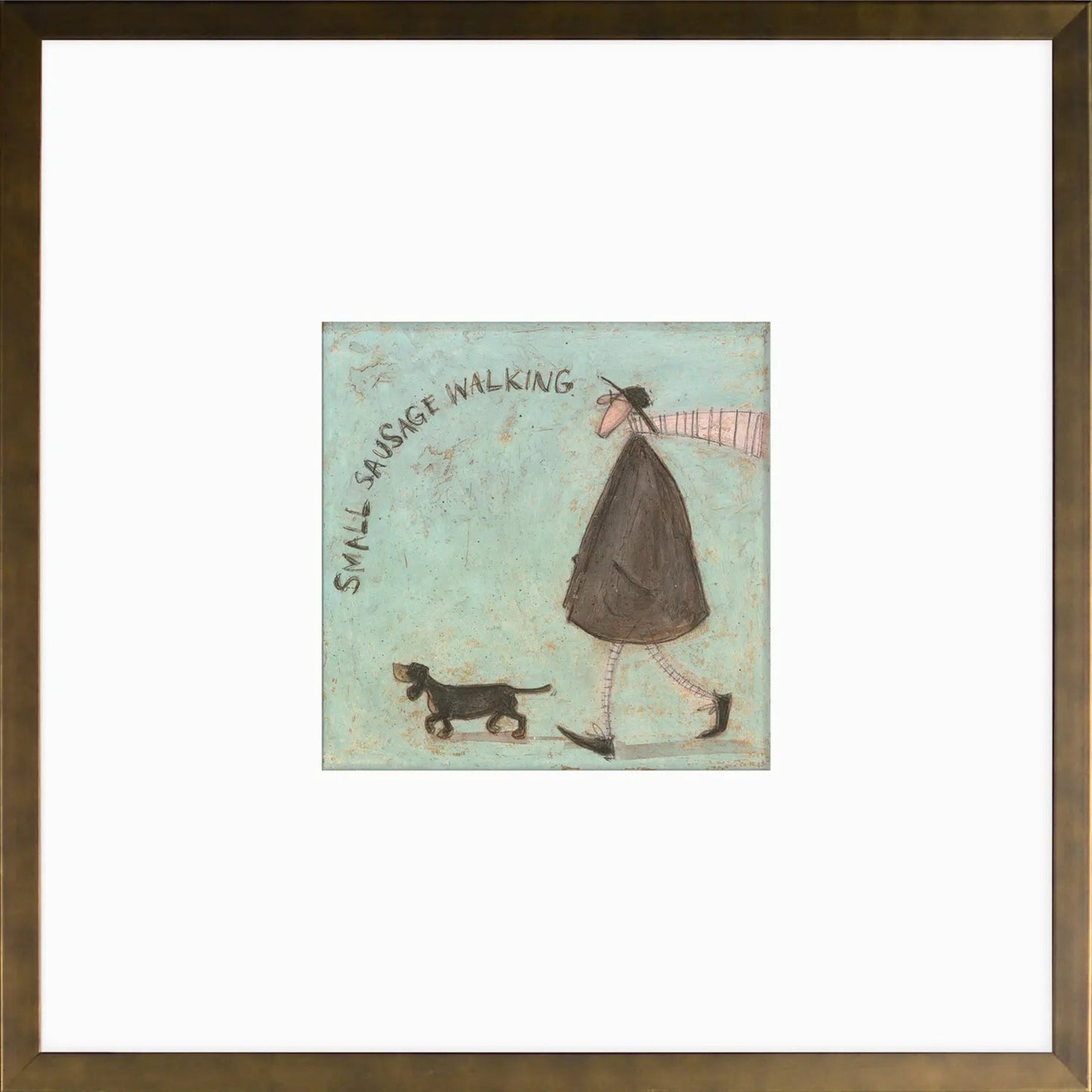 A whimsical art print featuring a small sausage dog and a character with a mustache, titled 'Small Sausage Walking'.