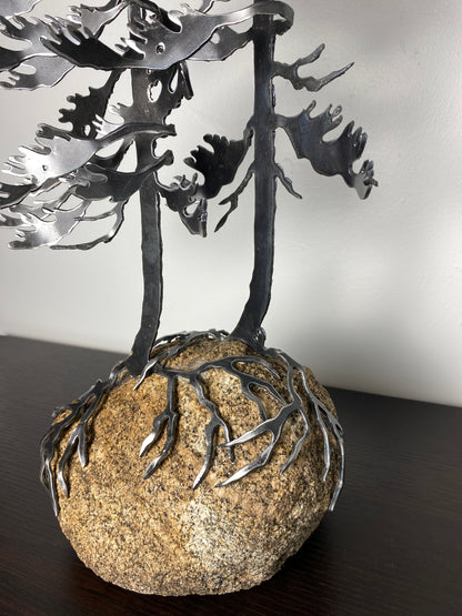 Windswept Pine Steel Sculpture with Canoe on Granite by Canadian Artist Cathy Mark #20
