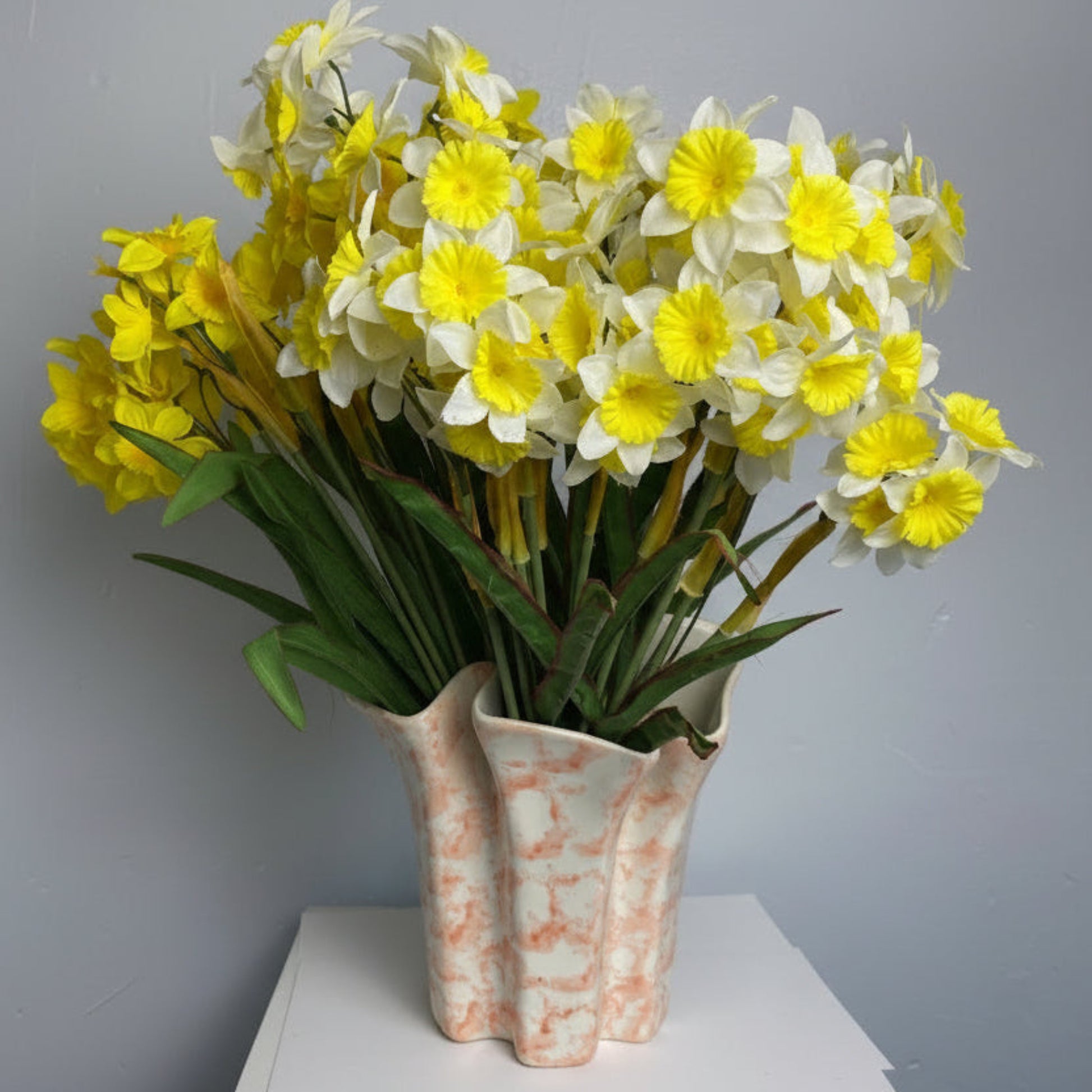 Peach and White Art Deco Ceramic Vase with Daffodils 