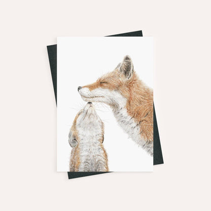 Mama fox with cub - kiss - Colored - greeting card