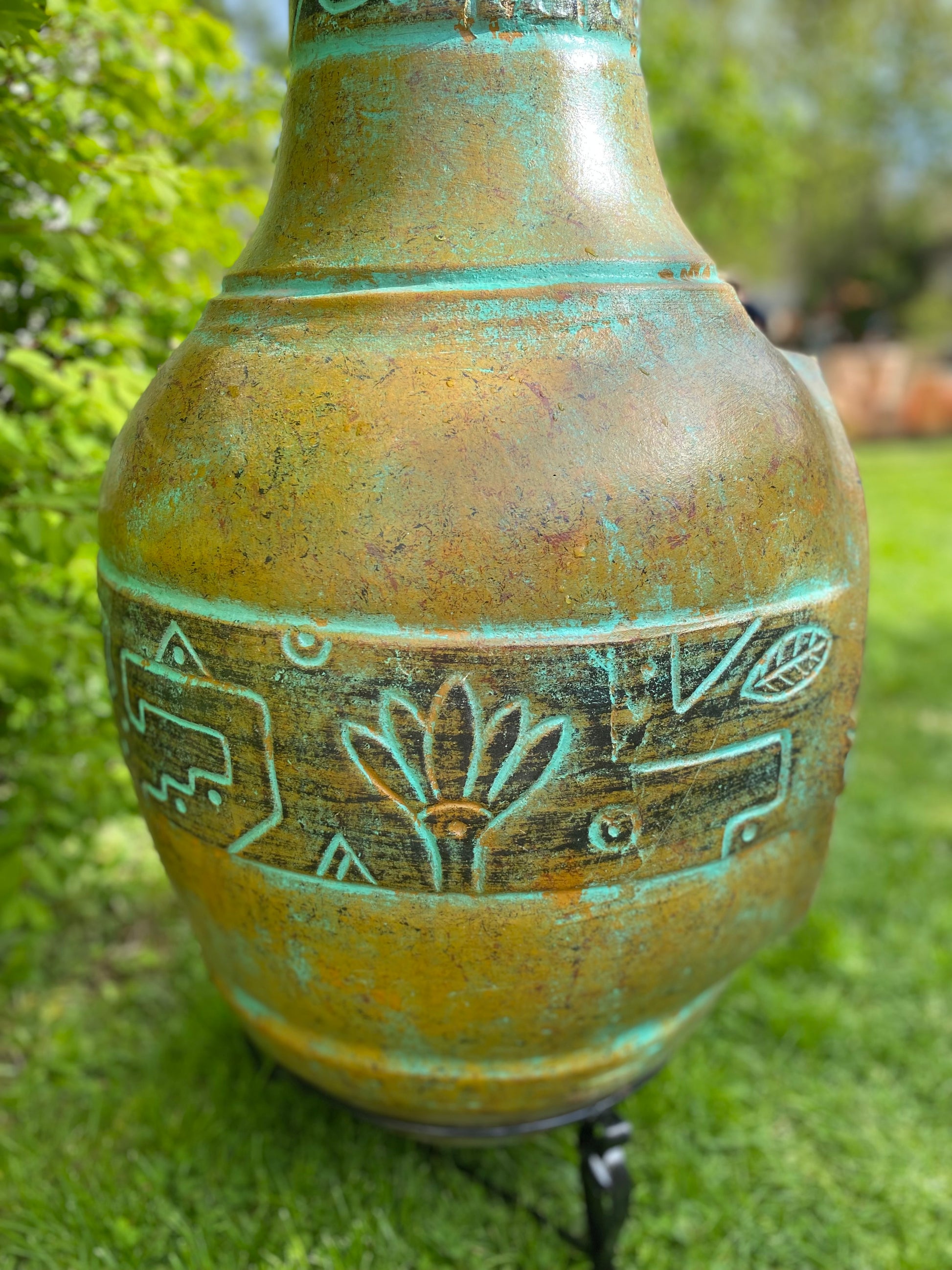 Chiminea Made in Mexico side view with mayan design