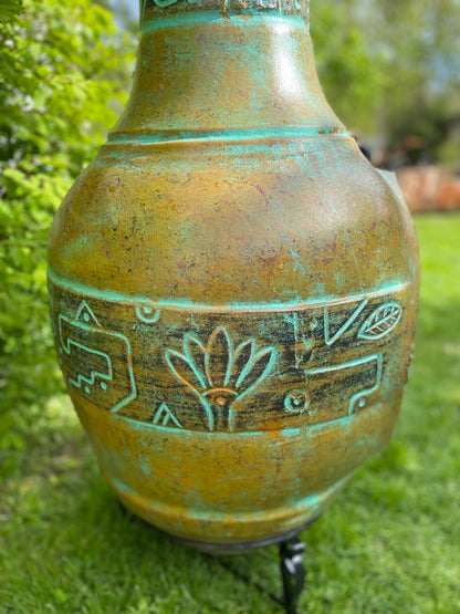 Chiminea Made in Mexico side view with mayan design