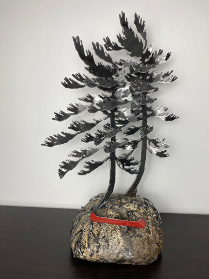 Windswept Pine Steel Sculpture with Canoe on Granite by Canadian Artist Cathy Mark #18