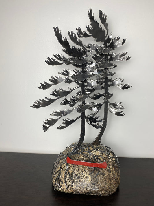 Windswept Pine Steel Sculpture with Canoe on Granite by Canadian Artist Cathy Mark #18