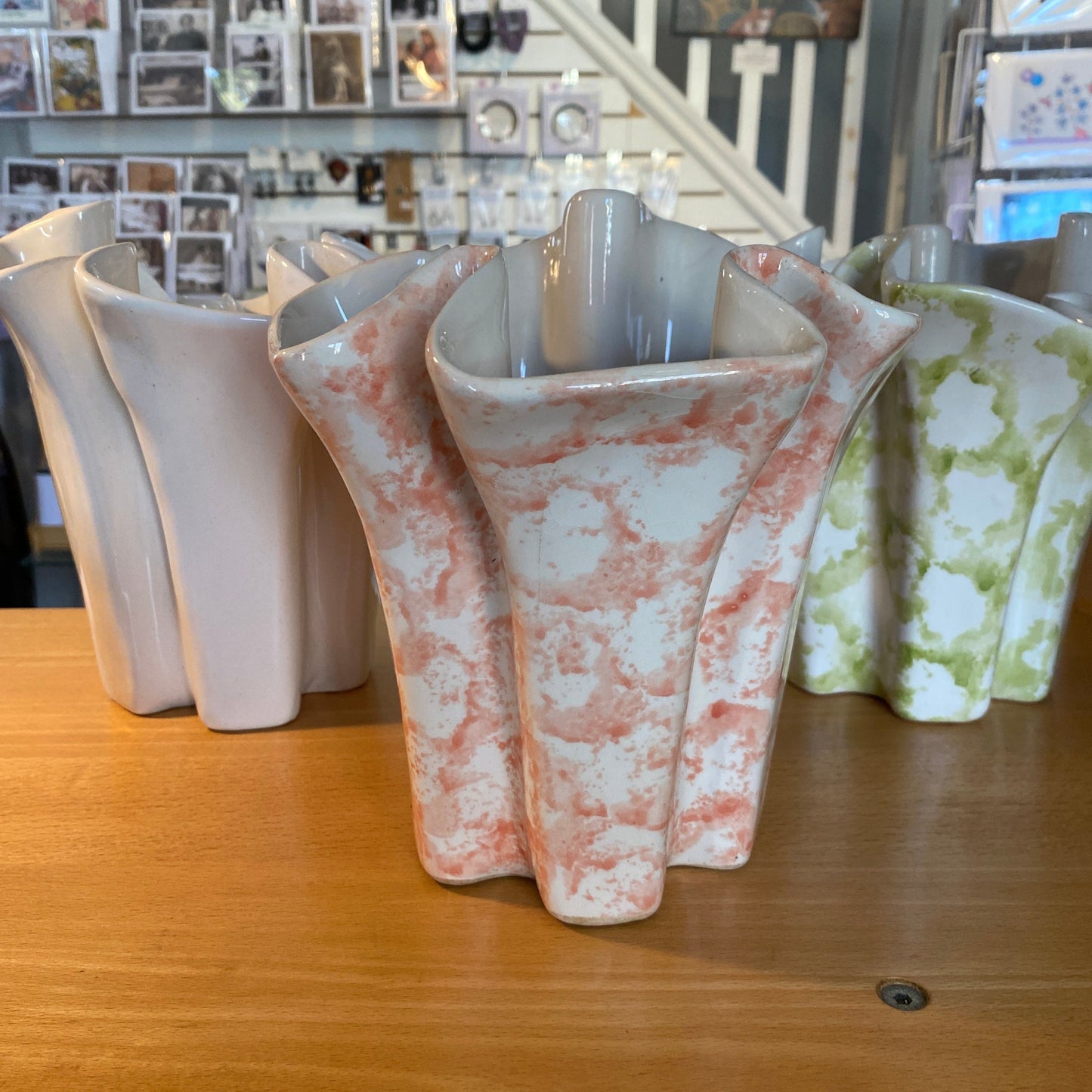 3 Art Deco Vases, White, Peach and Green