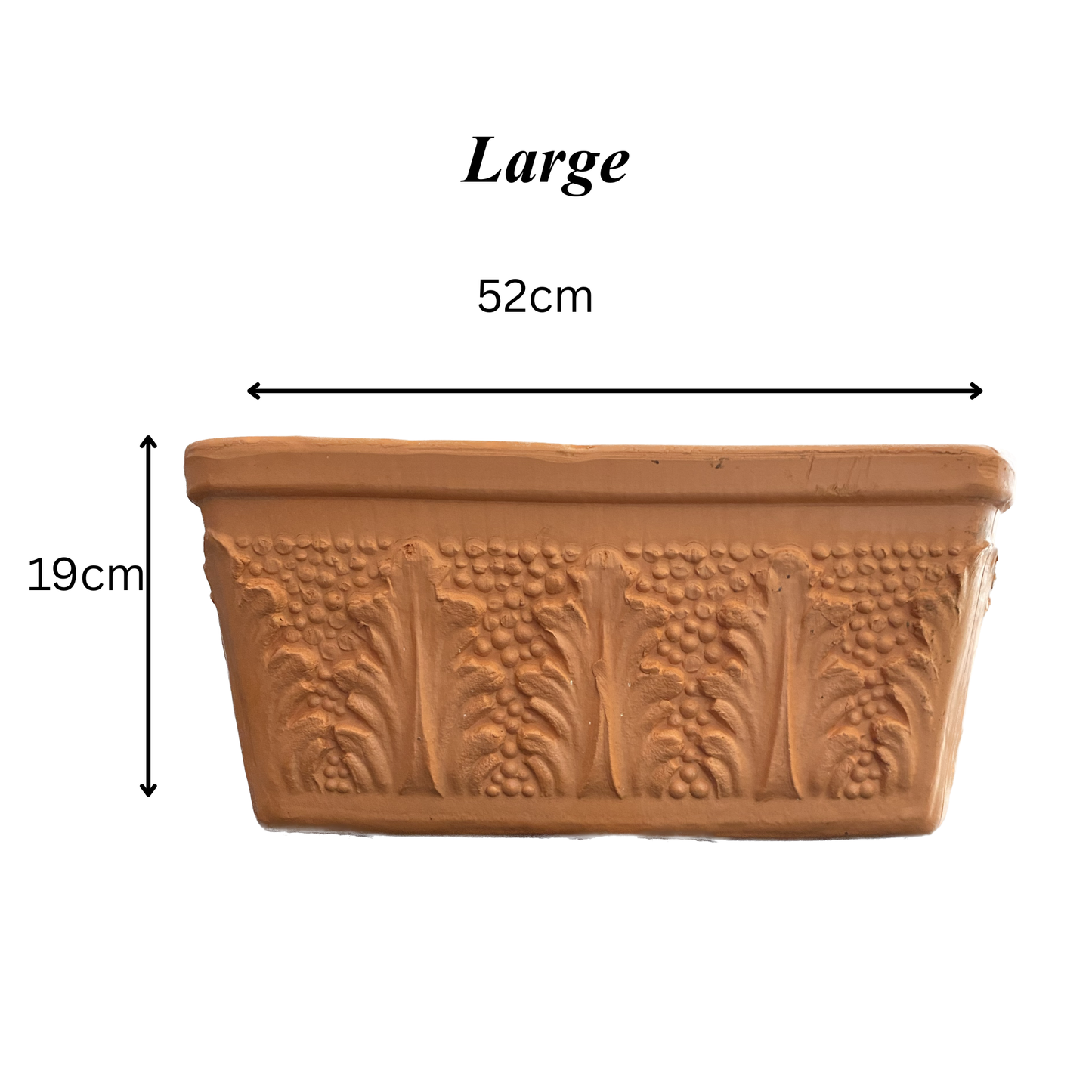 Terracotta planter with decorative patterns and measurements on a white background - window box