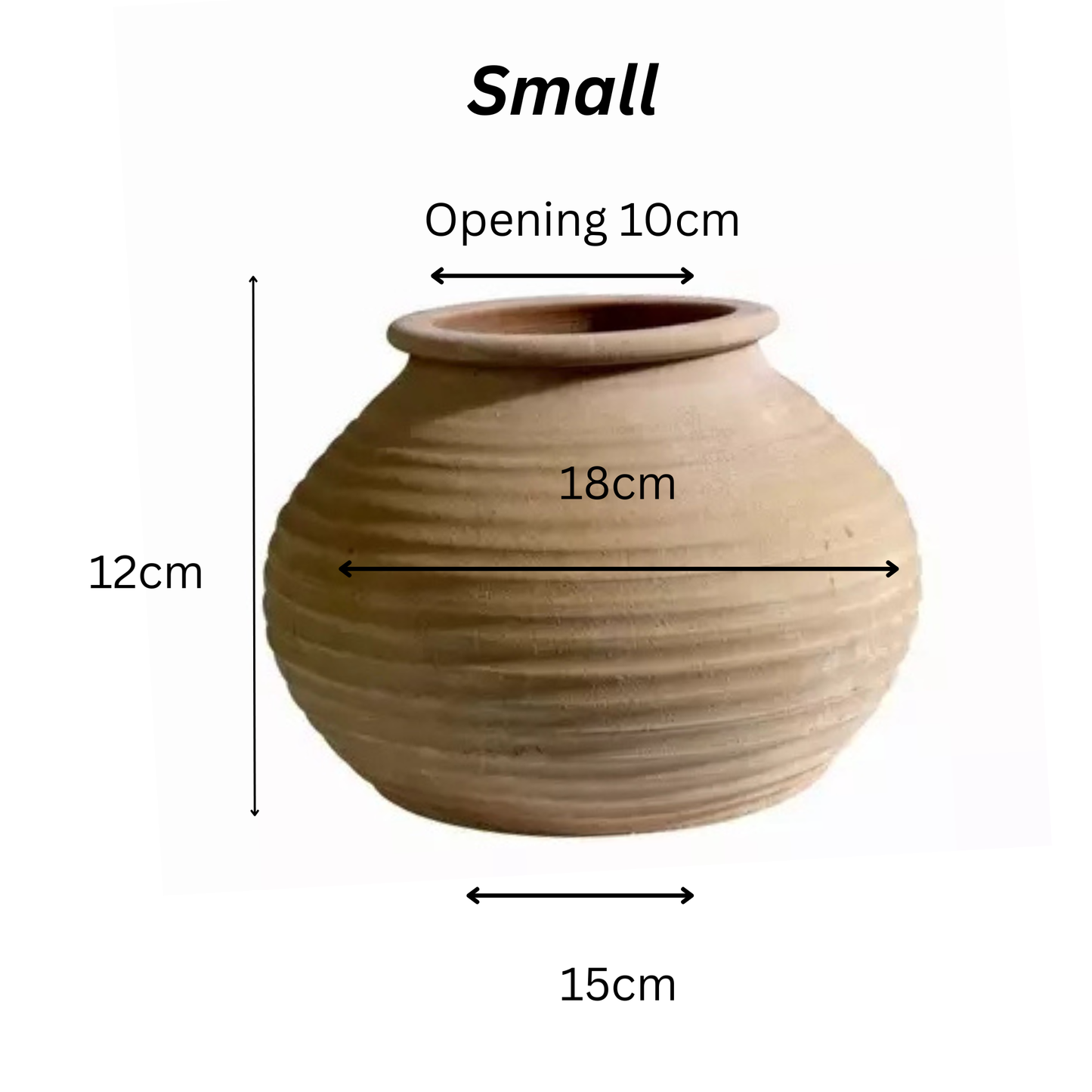 Small terracotta pot with measurements on a white background