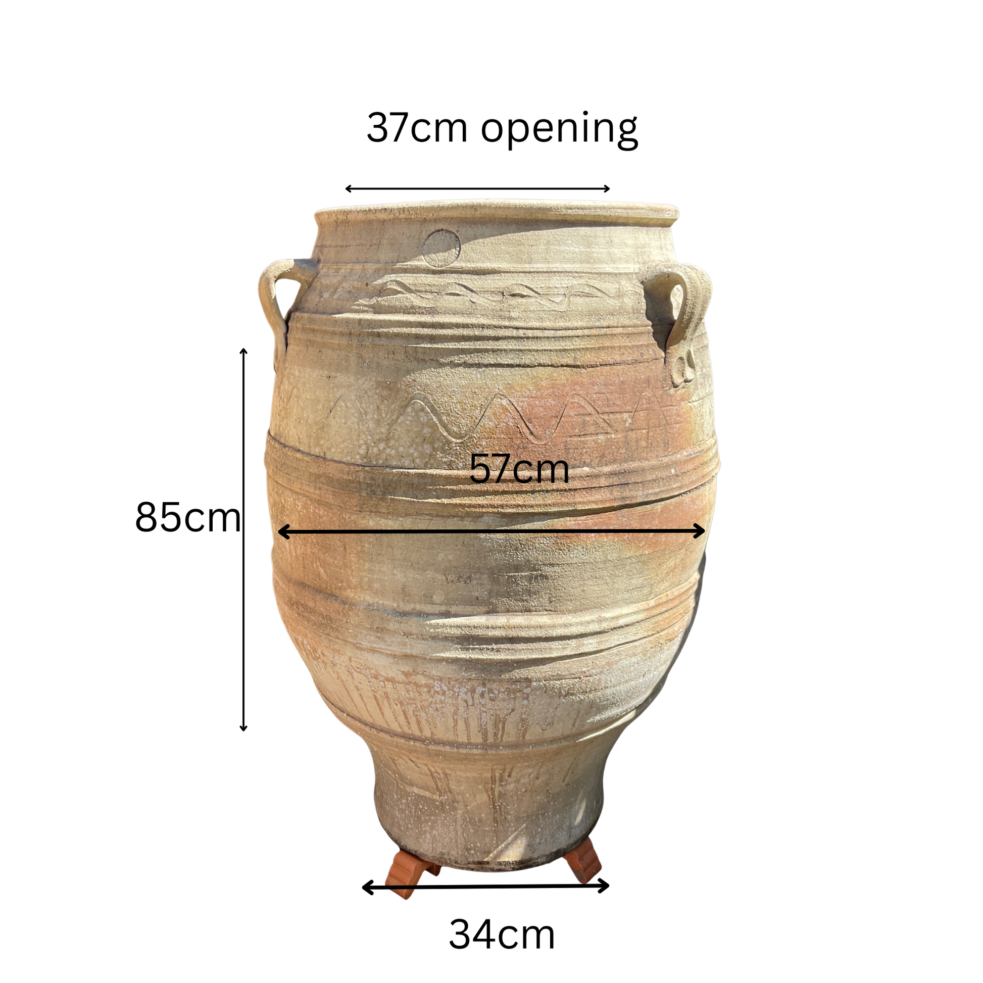 Terracotta pot with dimensions labeled on a white background
