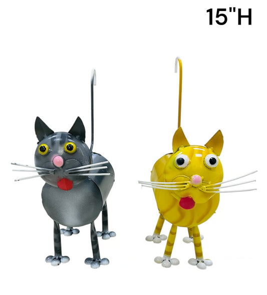 Two cat-shaped metal garden art, one gray and one yellow, on a white background with '15"H' text.