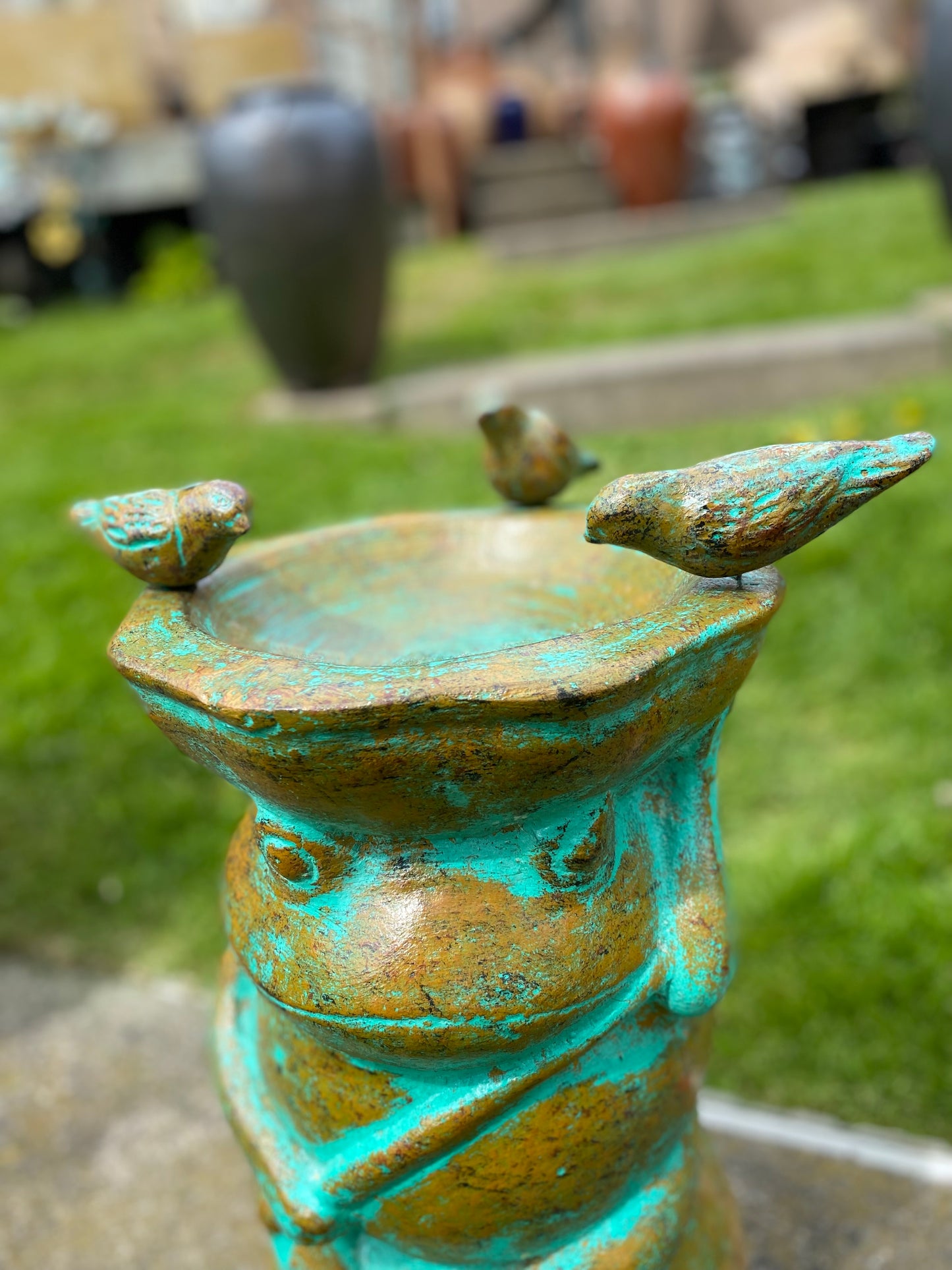 Frog Bird Bath Made in Mexico - Green with Birds