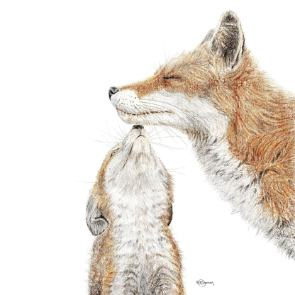 Mama fox with cub - kiss - Colored - greeting card