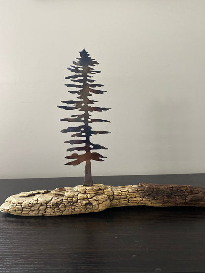 Raw Metal Pine Tree on Driftwood – Canadian Made