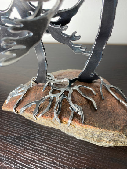 Windswept Pine Steel Sculpture with Canoe on Granite by Canadian Artist Cathy Mark #3