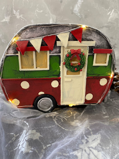 Light up Camper Christmas Decor red green and silver