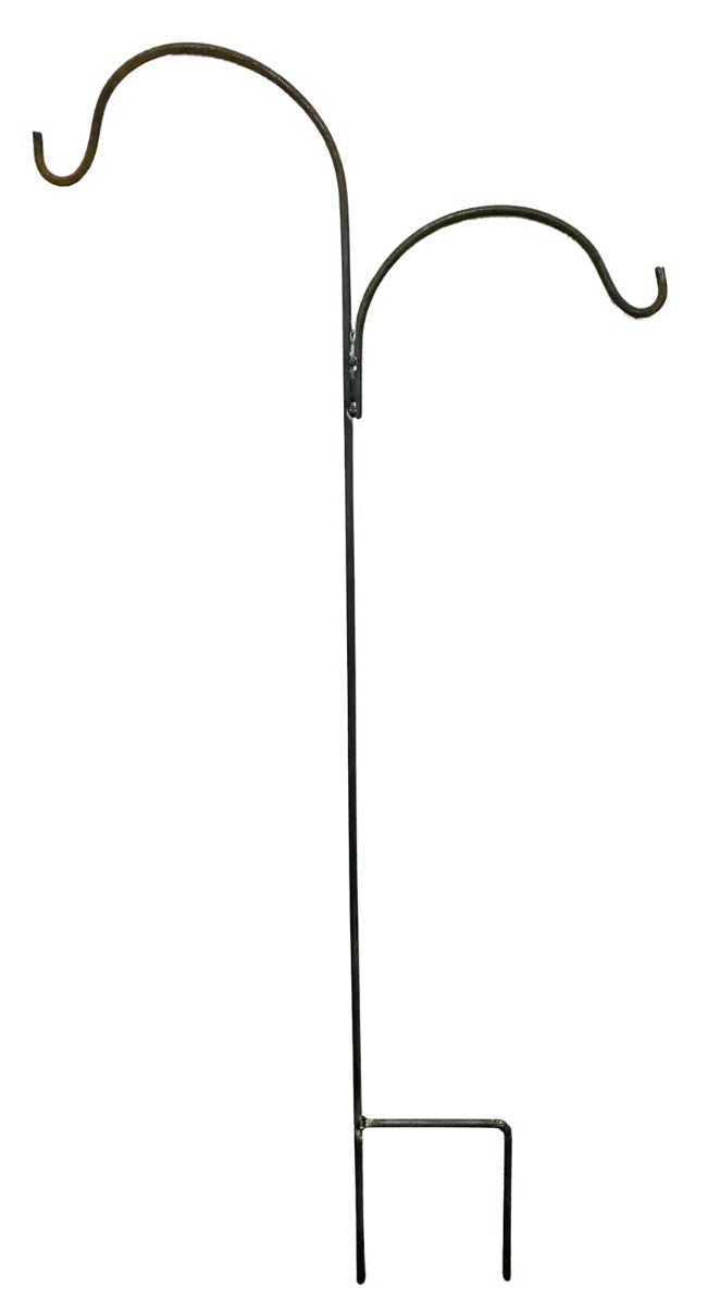 A black metal garden stake with two curved hooks on the upper section and a flat bottom bar, shown against a plain white background.