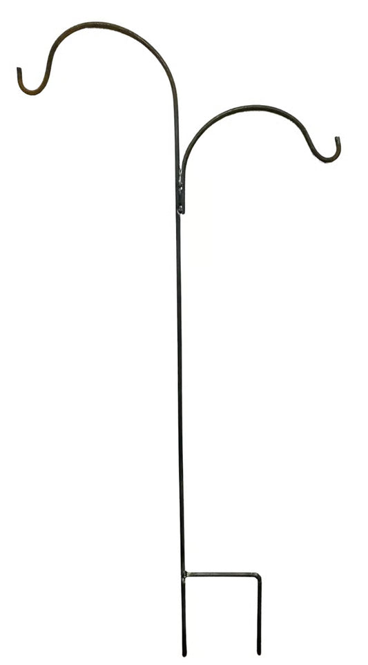 A black metal garden stake with two curved hooks on the upper section and a flat bottom bar, shown against a plain white background.