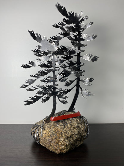Windswept Pine Steel Sculpture with Canoe on Granite by Canadian Artist Cathy Mark #12
